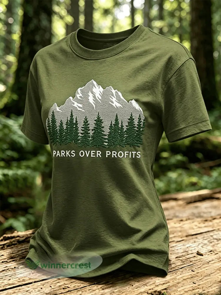Women’s Parks Over Profits Printed Casual T-Shirt - Army Green / S