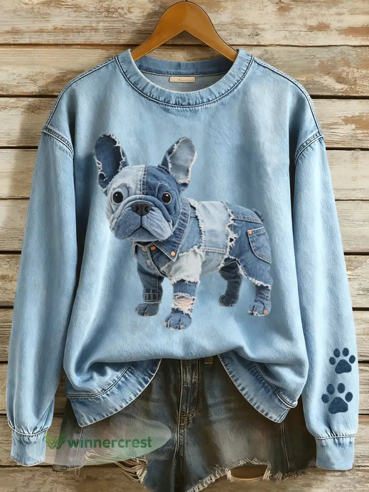 Women’s Patchwork Art French Bulldog Pattern Sweatshirt - Blue / S