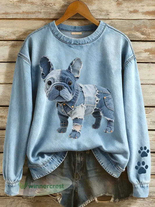 Women’s Patchwork Art French Bulldog Pattern Sweatshirt - Blue / S