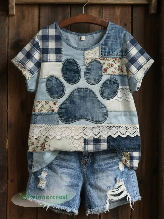 Women’s Paw Print Floral Patchwork Linen Short-sleeved T-shirt - As picture / S