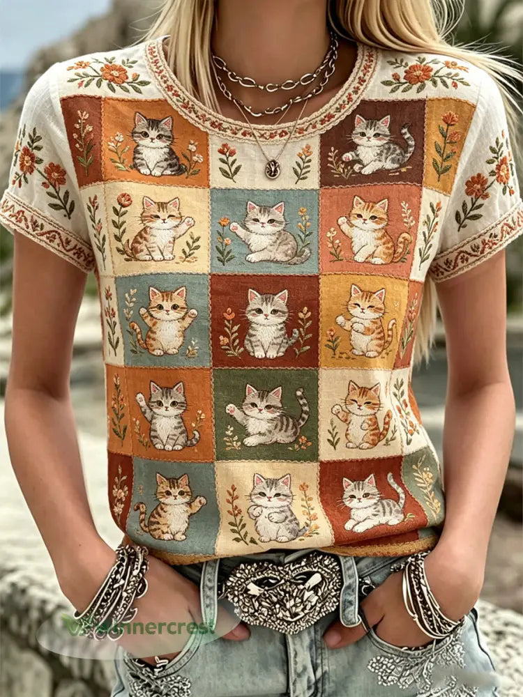Women’s Plants And Flowers Cute Cat Print Casual T-Shirt - As picture / S