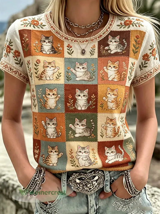 Women’s Plants And Flowers Cute Cat Print Casual T-Shirt - As picture / S