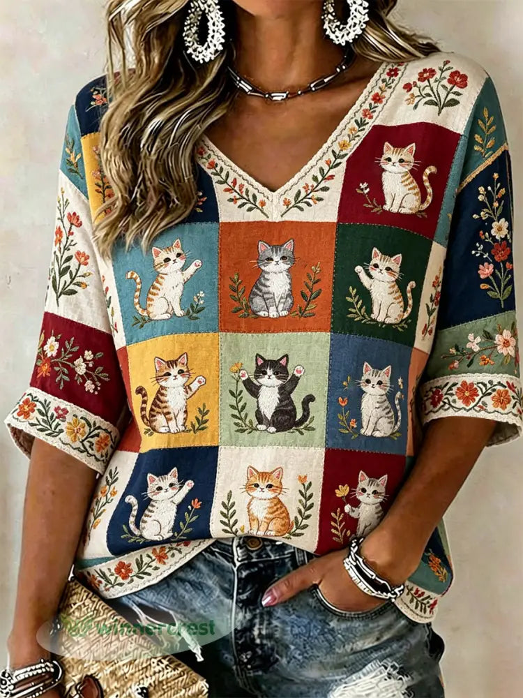 Women’s Plants And Flowers Cute Cat Print Casual T-shirt - As picture / S