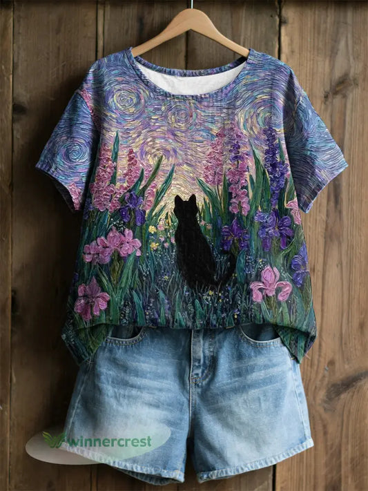Women’s Plants And Flowers Cute Cat Print Casual T-Shirt - As picture / S
