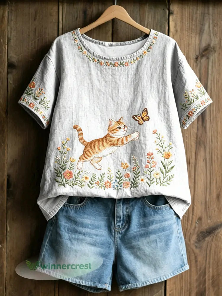 Women’s Plants And Flowers Cute Cat Print Casual T-Shirt - White / S