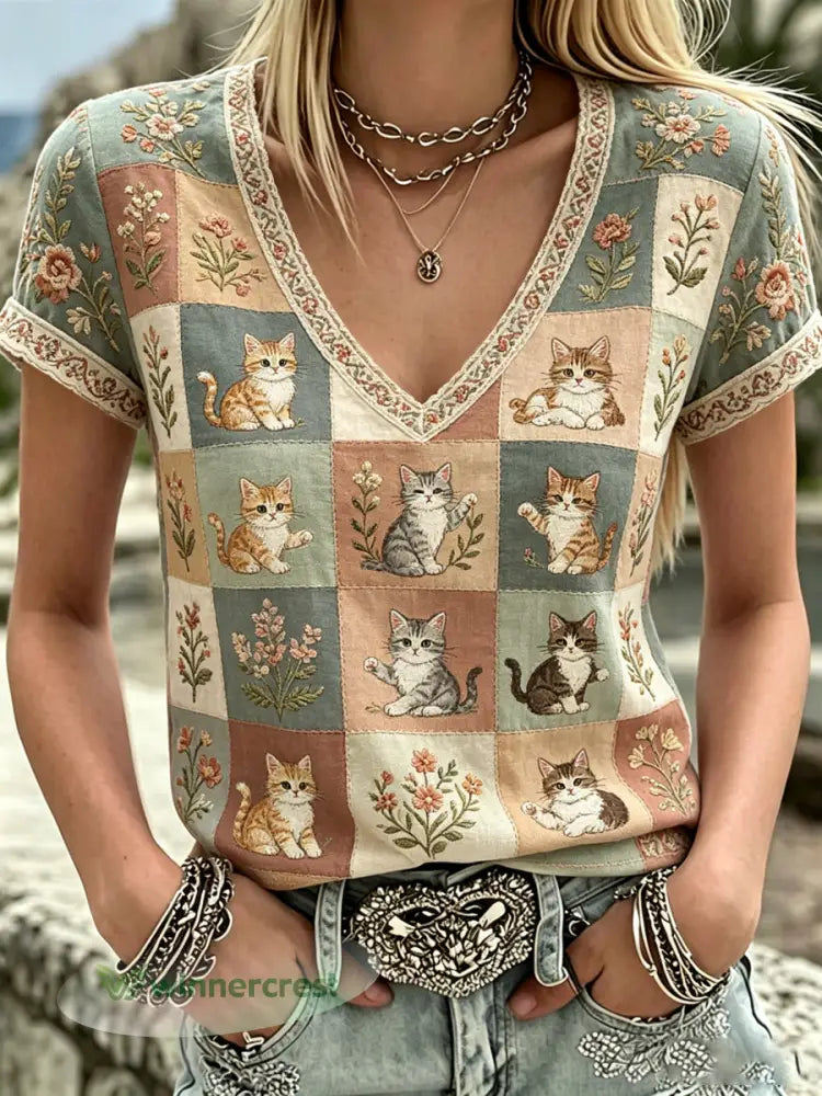 Women’s Plants And Flowers Cute Cat Print V-Neck Casual T-Shirt - As picture / S