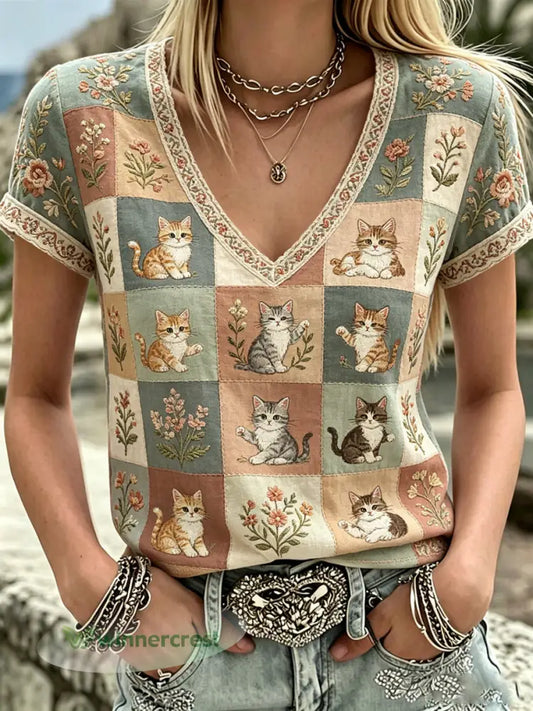 Women’s Plants And Flowers Cute Cat Print V-Neck Casual T-Shirt - As picture / S