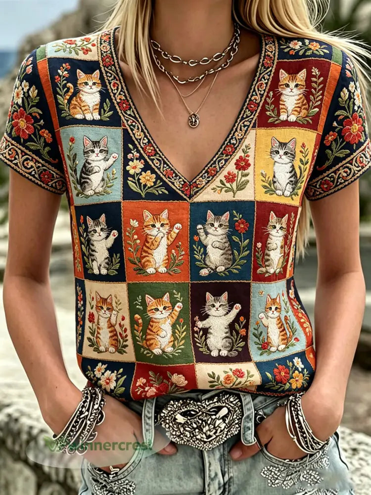Women’s Plants And Flowers Cute Cat Print V-Neck Casual T-Shirt - As picture / S