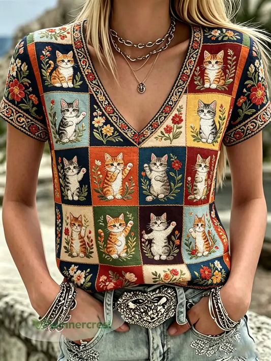 Women’s Plants And Flowers Cute Cat Print V-Neck Casual T-Shirt - As picture / S