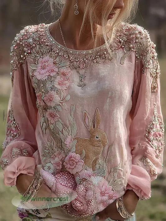 Women’s Rabbit Floral Print Casual T-Shirt - Pink / S