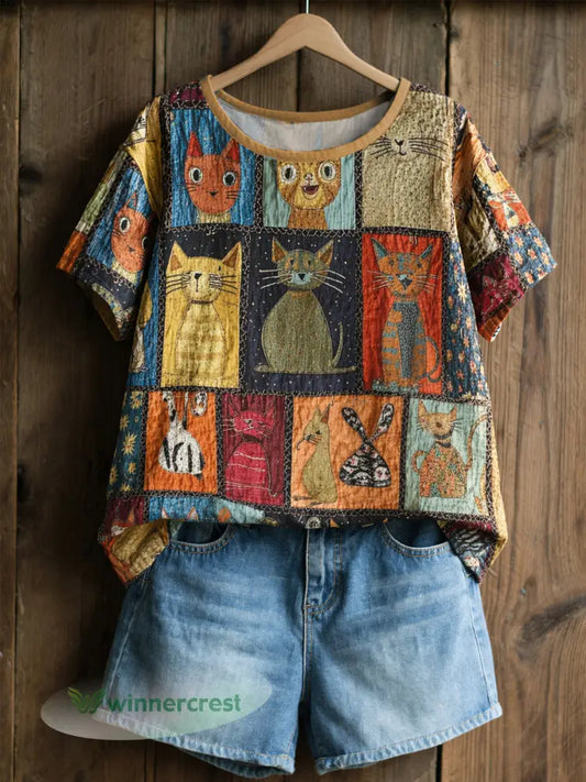 Women’s Retro Cats Print Casual Shirt - As picture / S