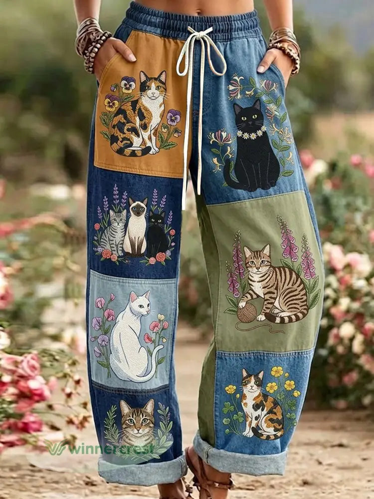 Women’s Retro Floral Cat Print Casual Pants - Mixed Color / S