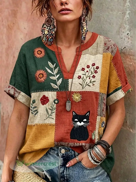 Women’s Retro Floral Cat Print Casual V-Neck Shirt - Jacinth / S