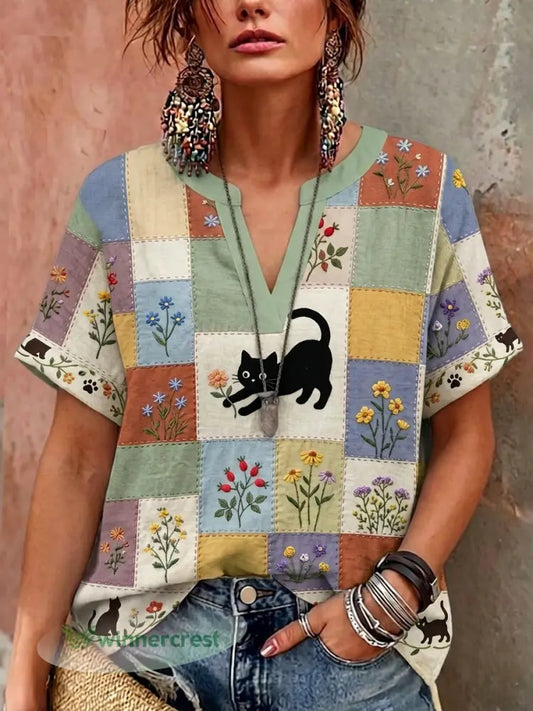 Women’s Retro Floral Cat Print Casual V-Neck Shirt - Light Green / S