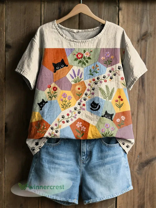 Women’s Retro Floral Cats Print Casual Tee - Mixed Color / S