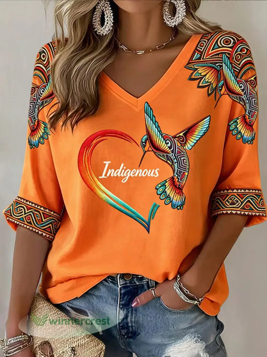 Women’s Retro Indigenous Hummingbird Totem Casual V-Neck T-Shirt - Multicolour / S