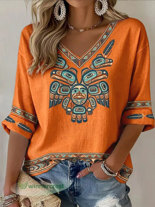 Women’s Retro Indigenous Raven Totem Casual V-Neck T-Shirt - Multicolour / S