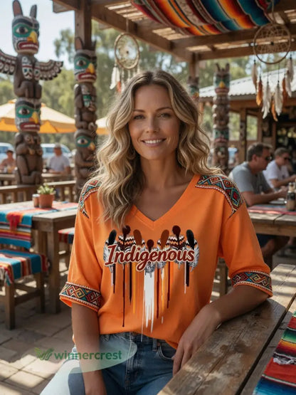 Women’s Retro Indigenous Totem Casual V-Neck T-Shirt