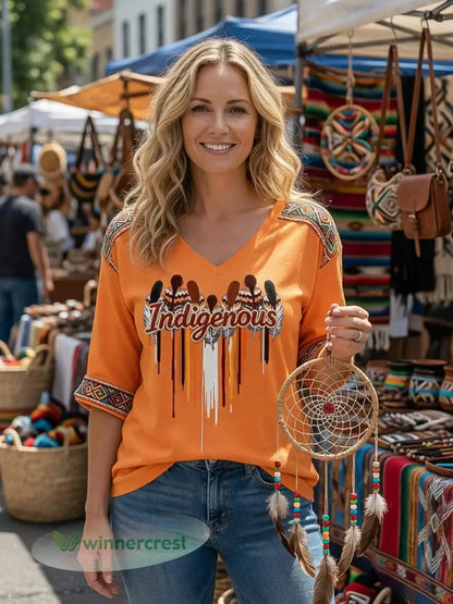 Women’s Retro Indigenous Totem Casual V-Neck T-Shirt