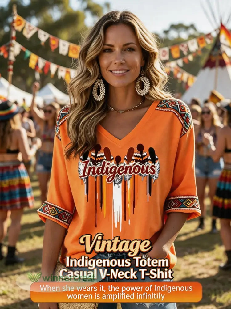Women’s Retro Indigenous Totem Casual V-Neck T-Shirt - Multicolour / S