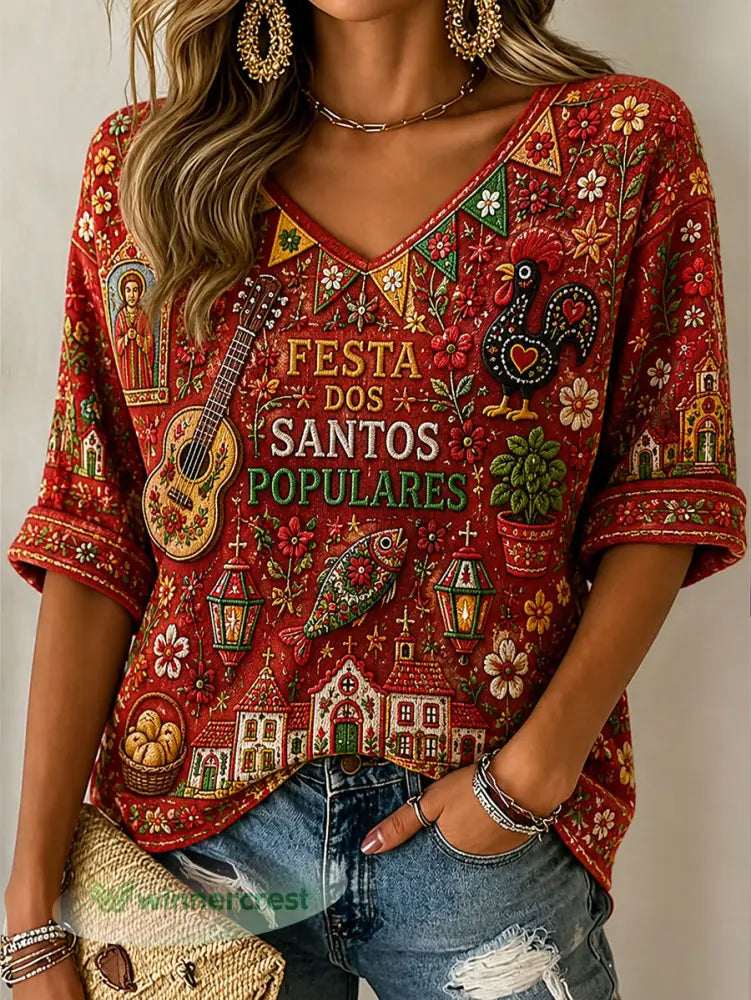Women’s Santos Populares Art Impresso T-shirt - vermelho / S