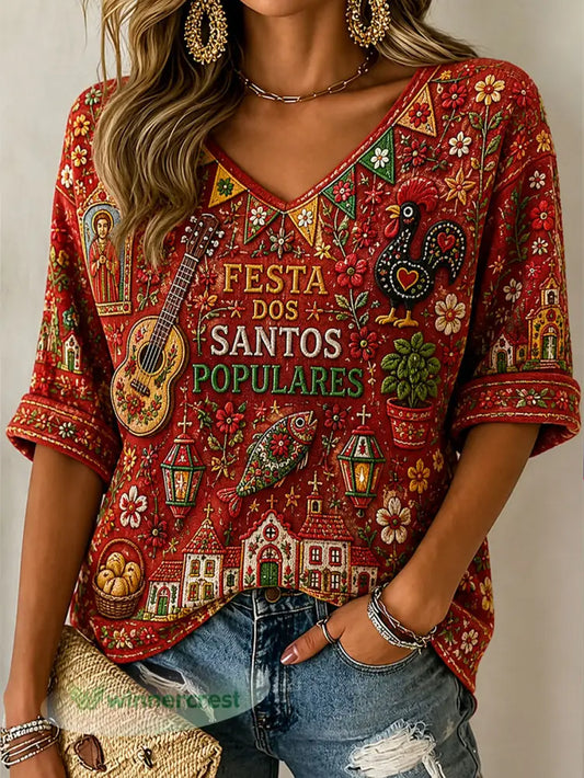 Women’s Santos Populares Art Impresso T-shirt - vermelho / S