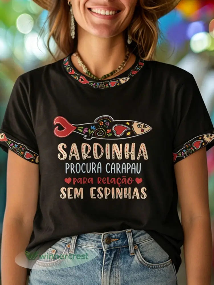 Women’s Santos Populares Sardinha Art Impresso T-Shirt - preto / S