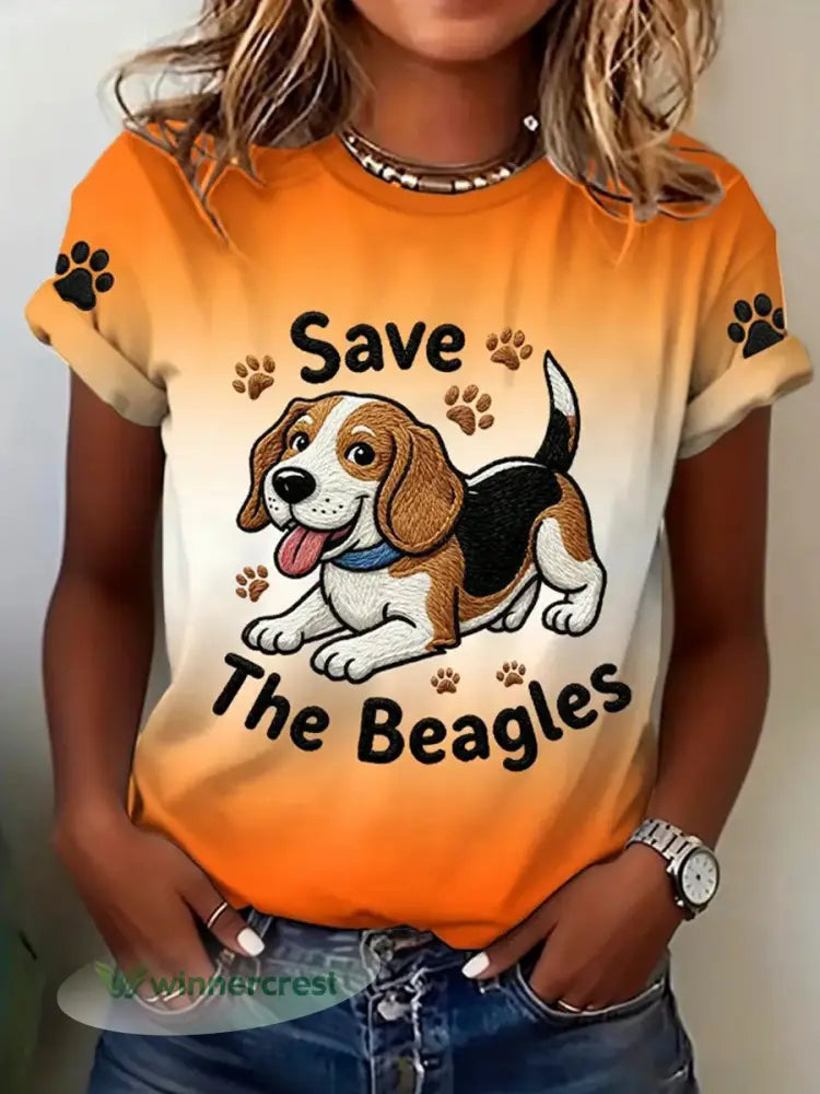 Women’s Save The Beagles Print Round Neck T-shirt - As picture / S