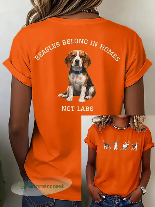 Women’s Save The Beagles Print Round Neck T-shirt - Orange / S