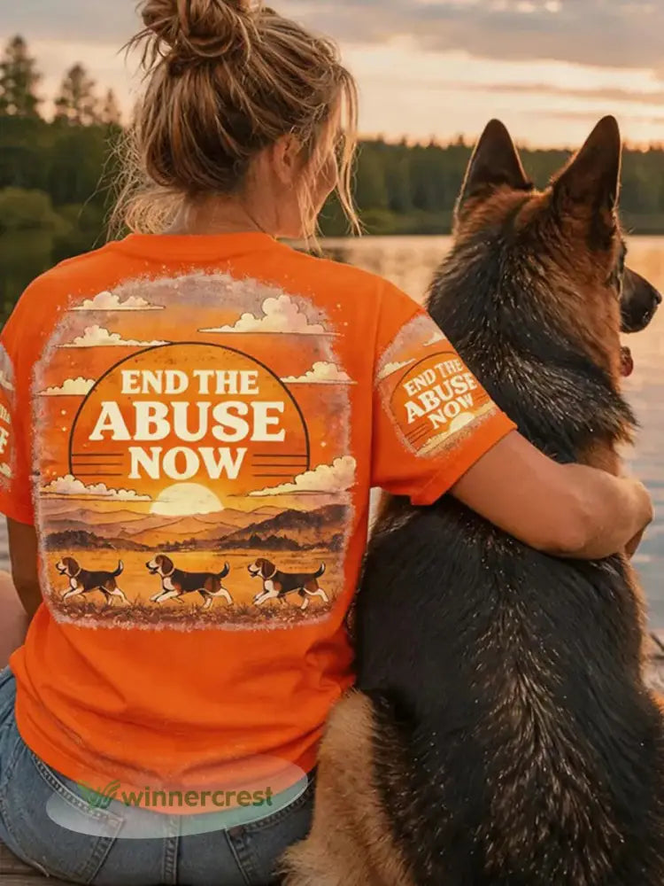 Women’s Save The Beagles Print Round Neck T-shirt - Orange / S