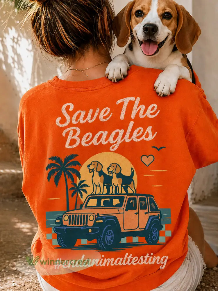 Women’s Save The Beagles Print Round Neck T-shirt - Orange / S