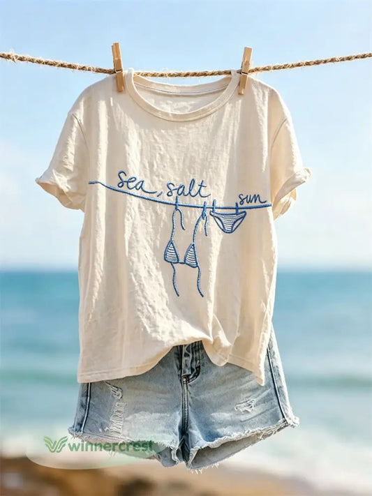 Women’s Sea Salt Sun Hanging Bikini Vacation Print short-sleeved T-shirt - Beige / S