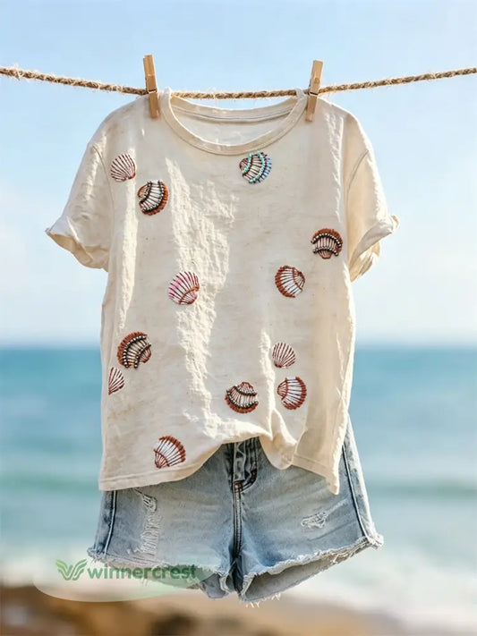 Women’s Sea Shells on the Beach Print short-sleeved T-shirt - Beige / S