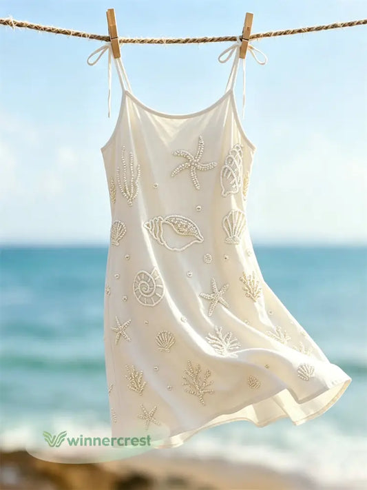 Women’s Sea Shells & Starfish Pearls Art Print Mini dress - Beige / S