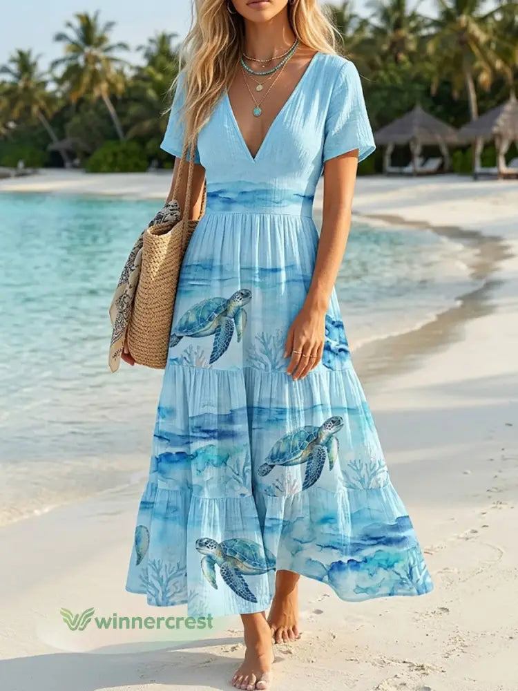 Women’s Sea Turtle Print Vacation Dress - As picture / S