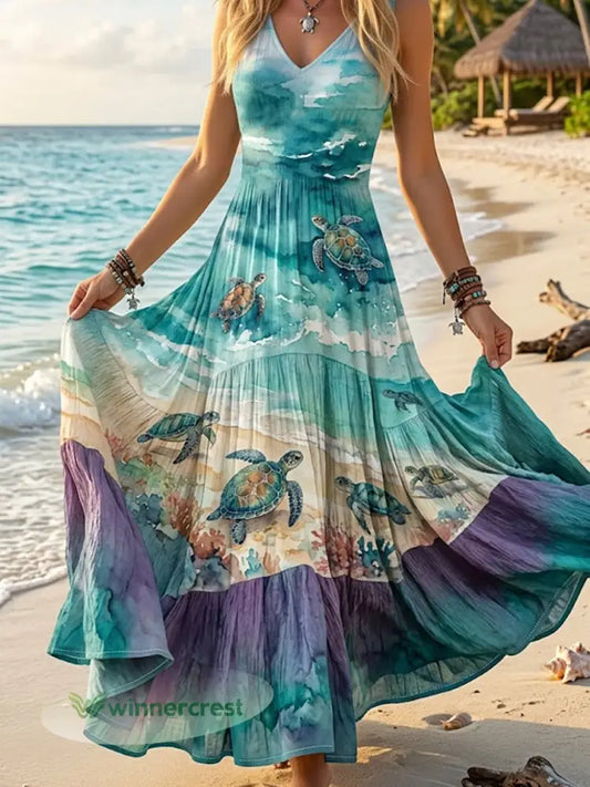 Women’s Sea Turtle Print Vacation Dress - As picture / S