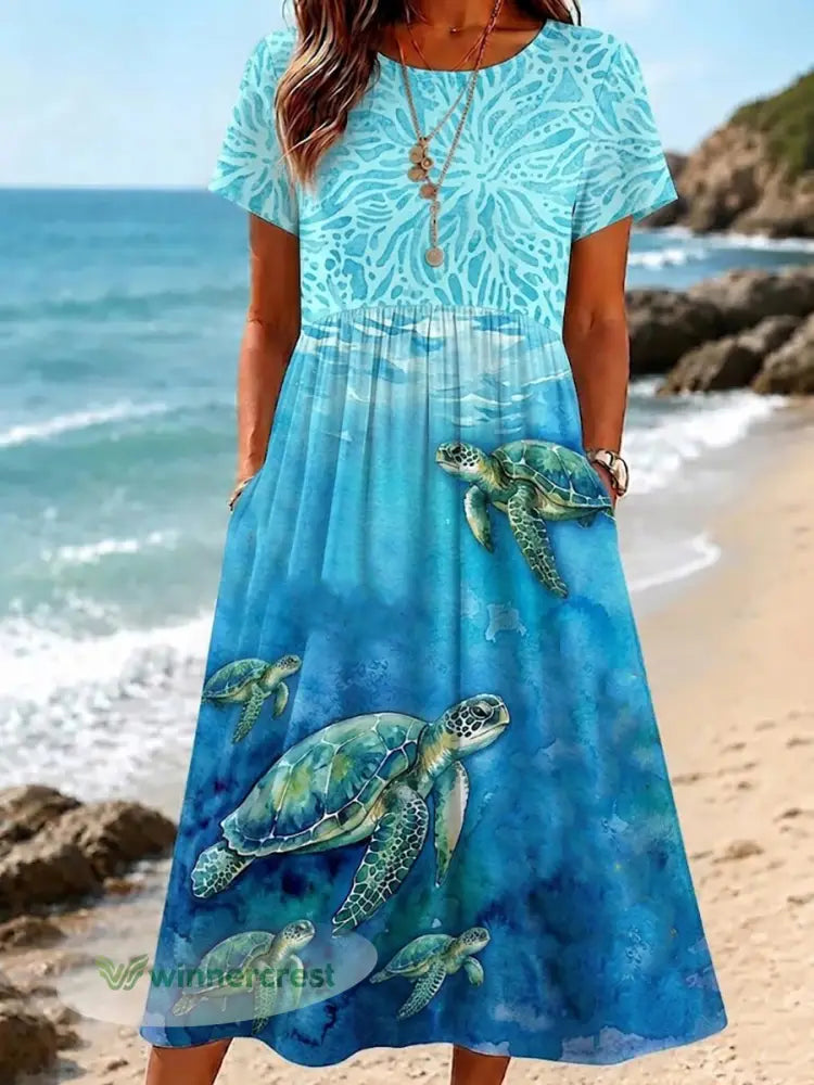 Women’s Sea Turtle Print Vacation Dress - As picture / S