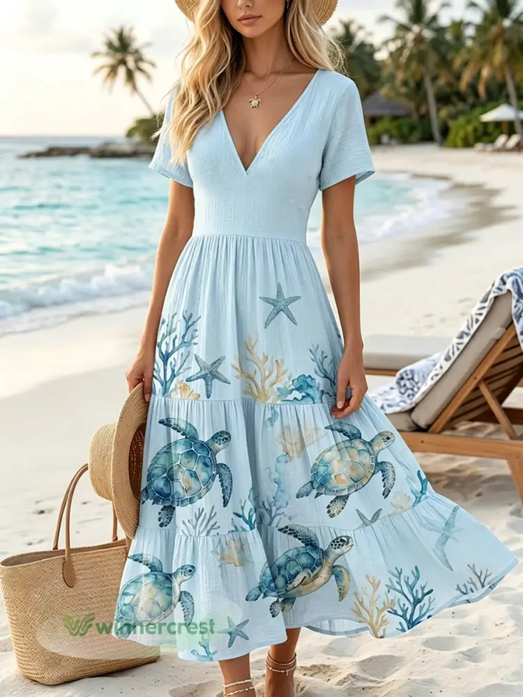 Women’s Sea Turtle Print Vacation Dress - As picture / S