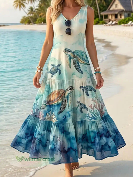 Women’s Sea Turtle Print Vacation Dress - As picture / S