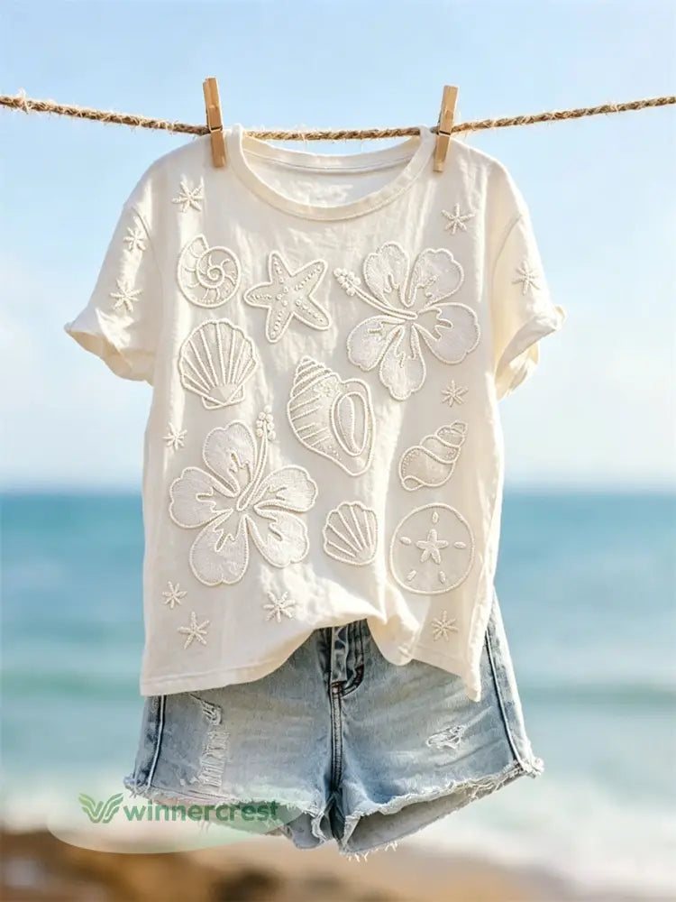 Women’s Starfish & Sea Shells Beach Flowers Print short-sleeved T-shirt - White / S