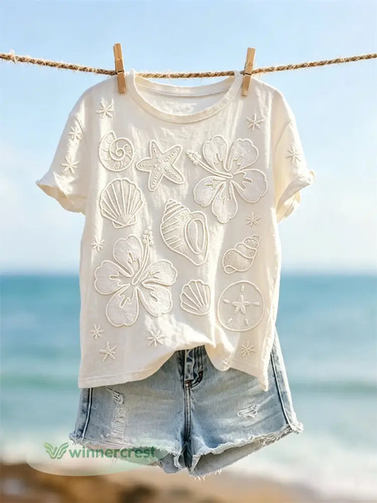 Women’s Starfish & Sea Shells Beach Flowers Print short-sleeved T-shirt - White / S