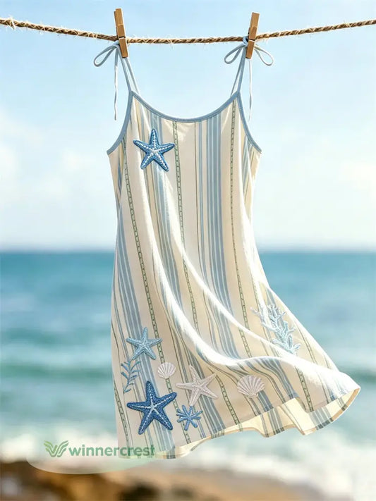 Women’s Starfish Sea Shells Beach Striped Print Cami Mini dress - Light Blue / S