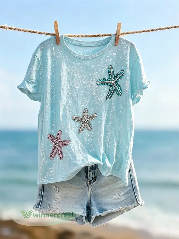 Women’s Starfish & Shimmering Sea Inspired Print short-sleeved T-shirt - Blue / S