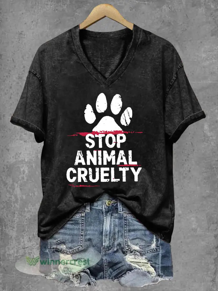 Women’s Stop Animal Cruelty Print V-Neck T-Shirt - Black / S