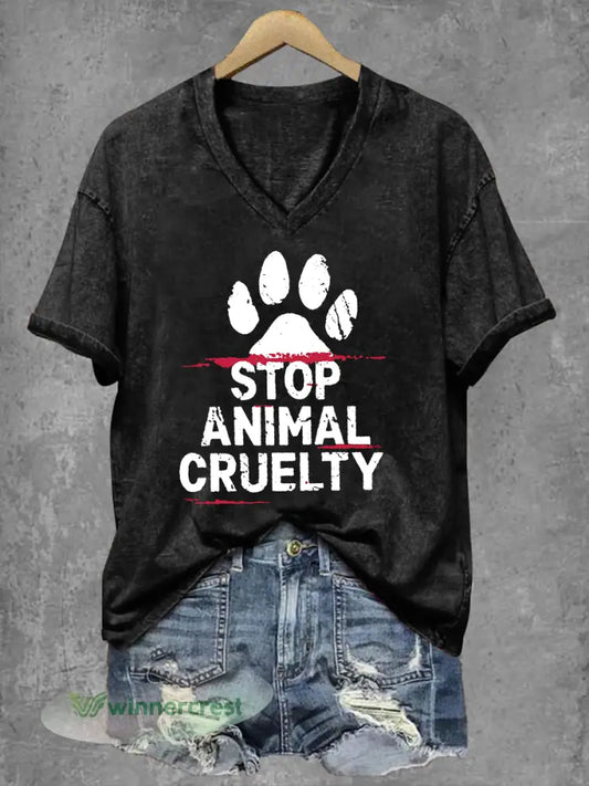 Women’s Stop Animal Cruelty Print V-Neck T-Shirt - Black / S