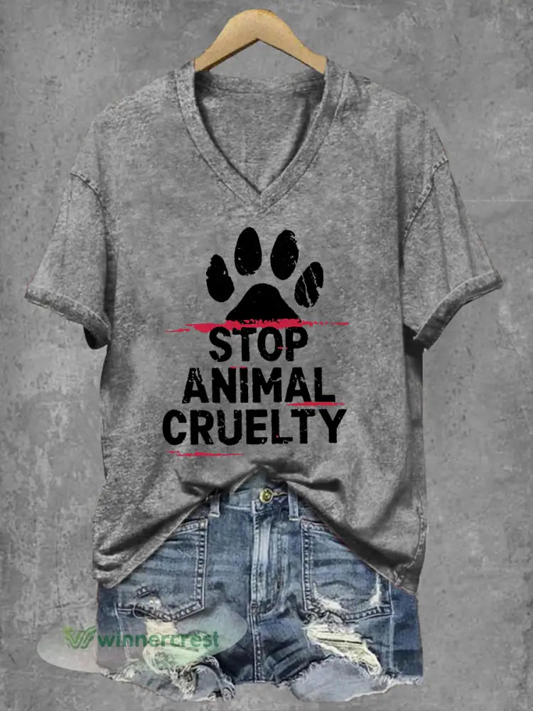 Women’s Stop Animal Cruelty Print V-Neck T-Shirt - Gray / S