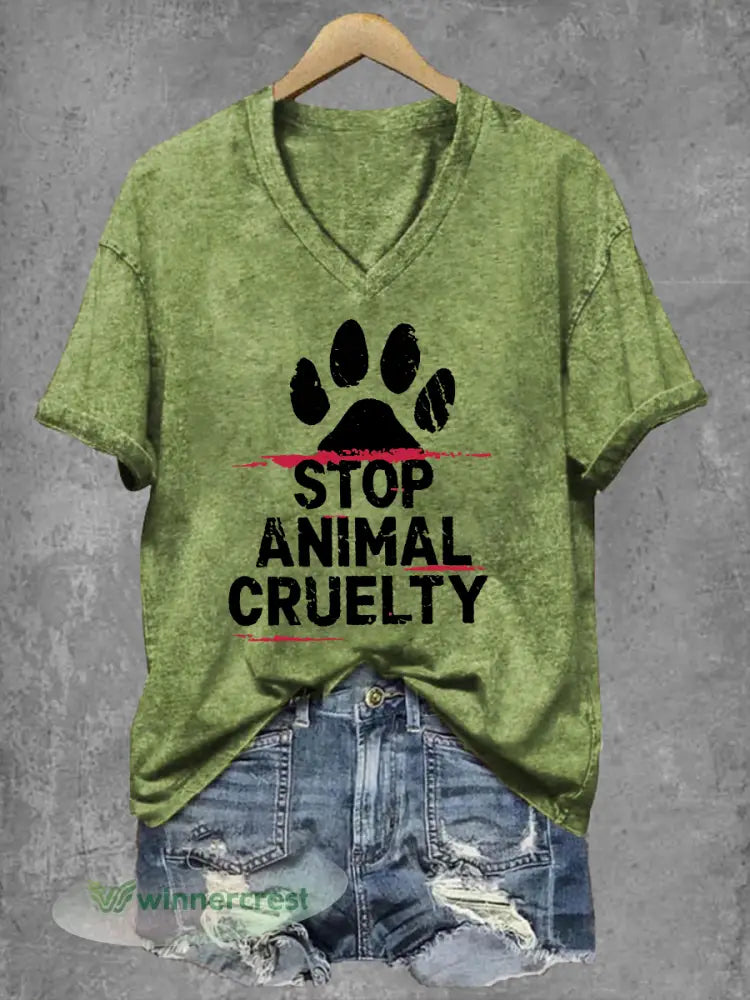 Women’s Stop Animal Cruelty Print V-Neck T-Shirt - Green / S