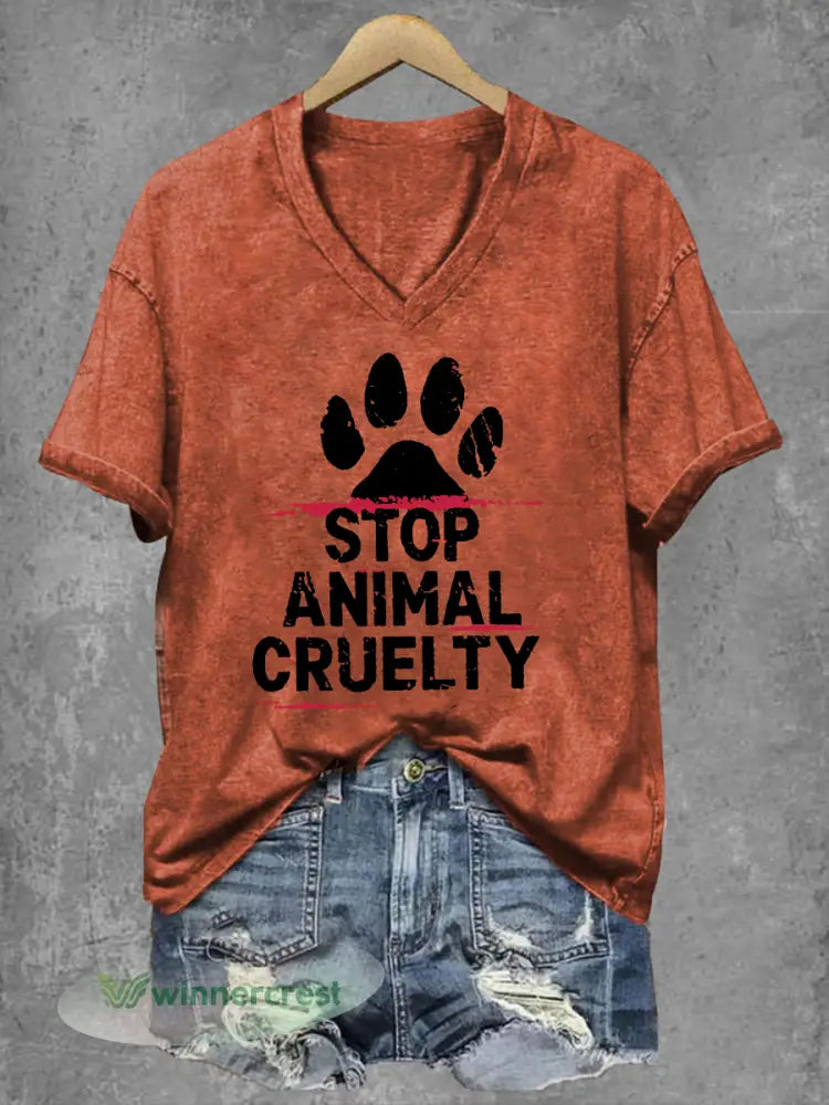 Women’s Stop Animal Cruelty Print V-Neck T-Shirt - Pumpkin Orange / S