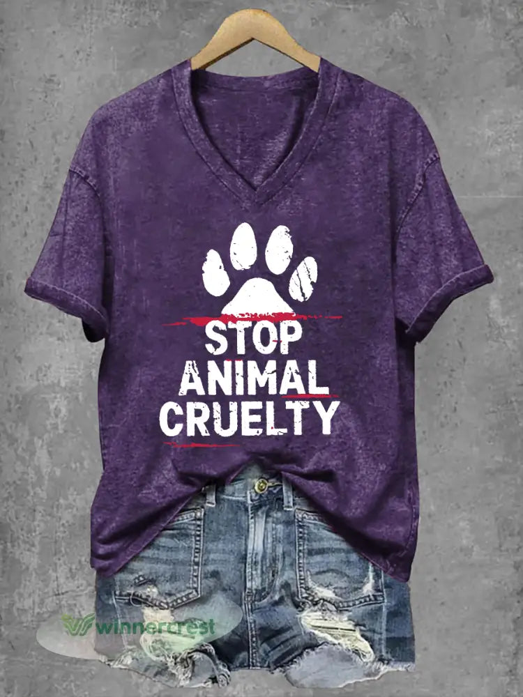 Women’s Stop Animal Cruelty Print V-Neck T-Shirt - Purple / S