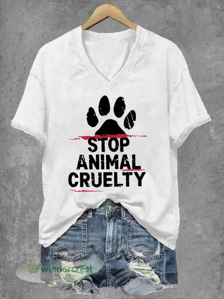 Women’s Stop Animal Cruelty Print V-Neck T-Shirt - White / S